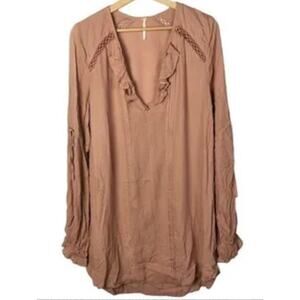 Free People Dusty Pink Ruffle V-Neck High Low Long Sleeve Peasant Tunic S Petite